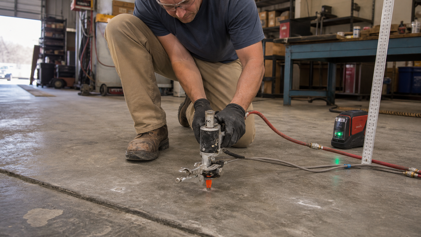 Technician leveling an uneven concrete slab inside a commercial maintenance shop