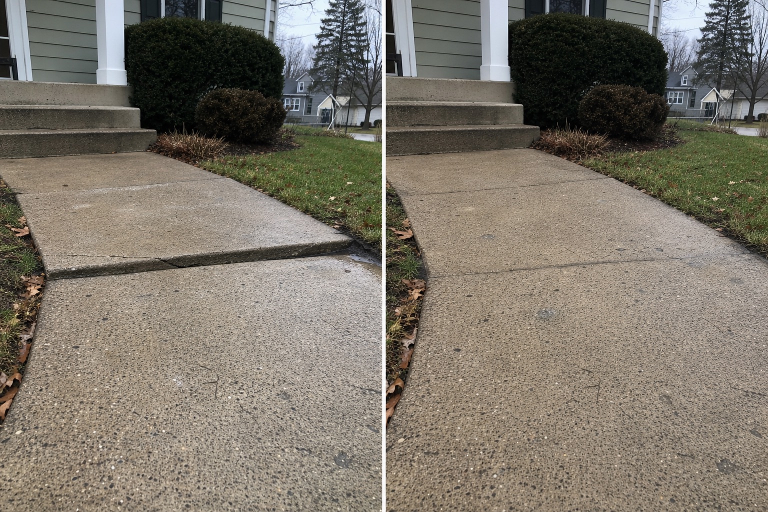 Before and after comparison of a raised sidewalk trip hazard corrected with concrete leveling